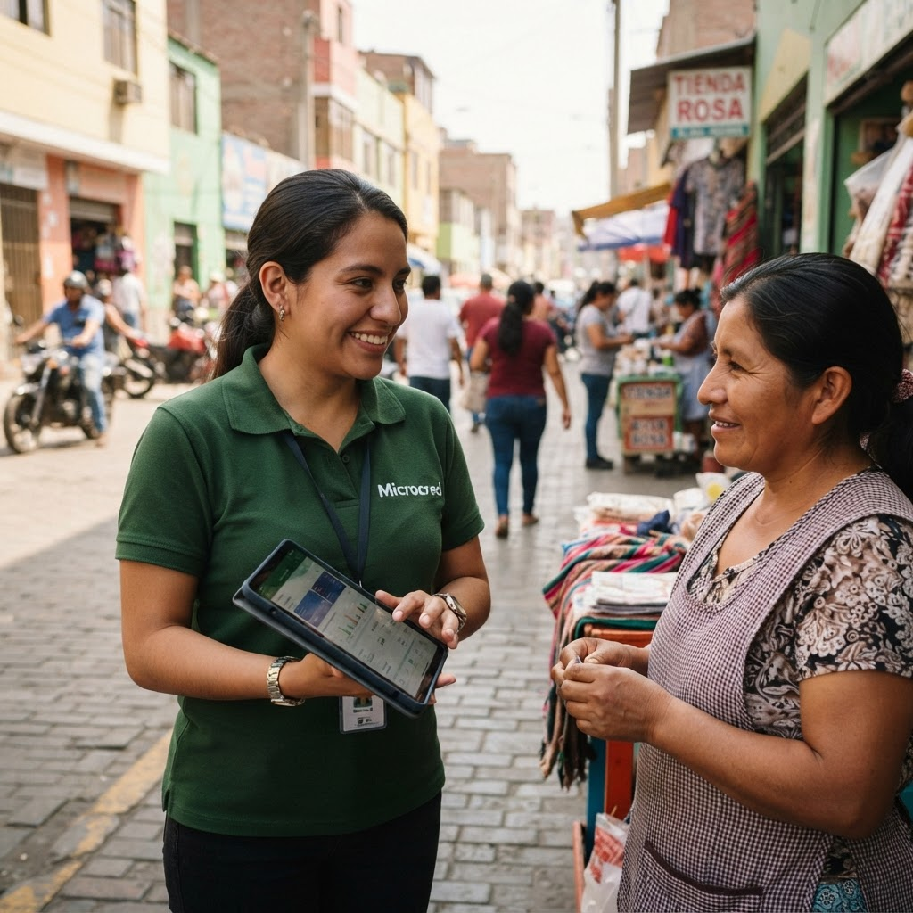 Agente de Microcred con una tablet conversando con un cliente en la calle