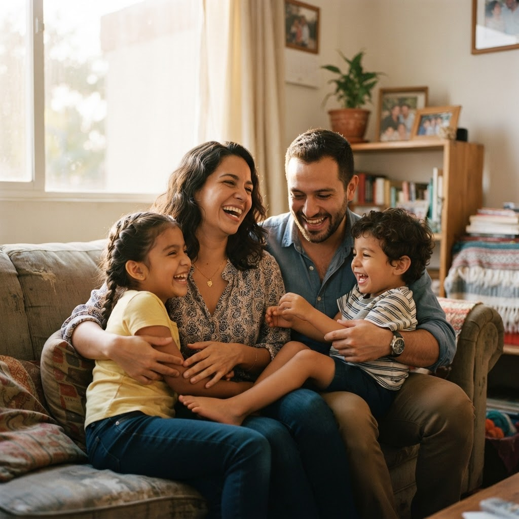 Familia sonriendo junta en el living de su casa